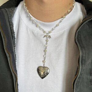 y2k 2000 vintage style punk gothic emo heart pendant locket pearl chain necklace
